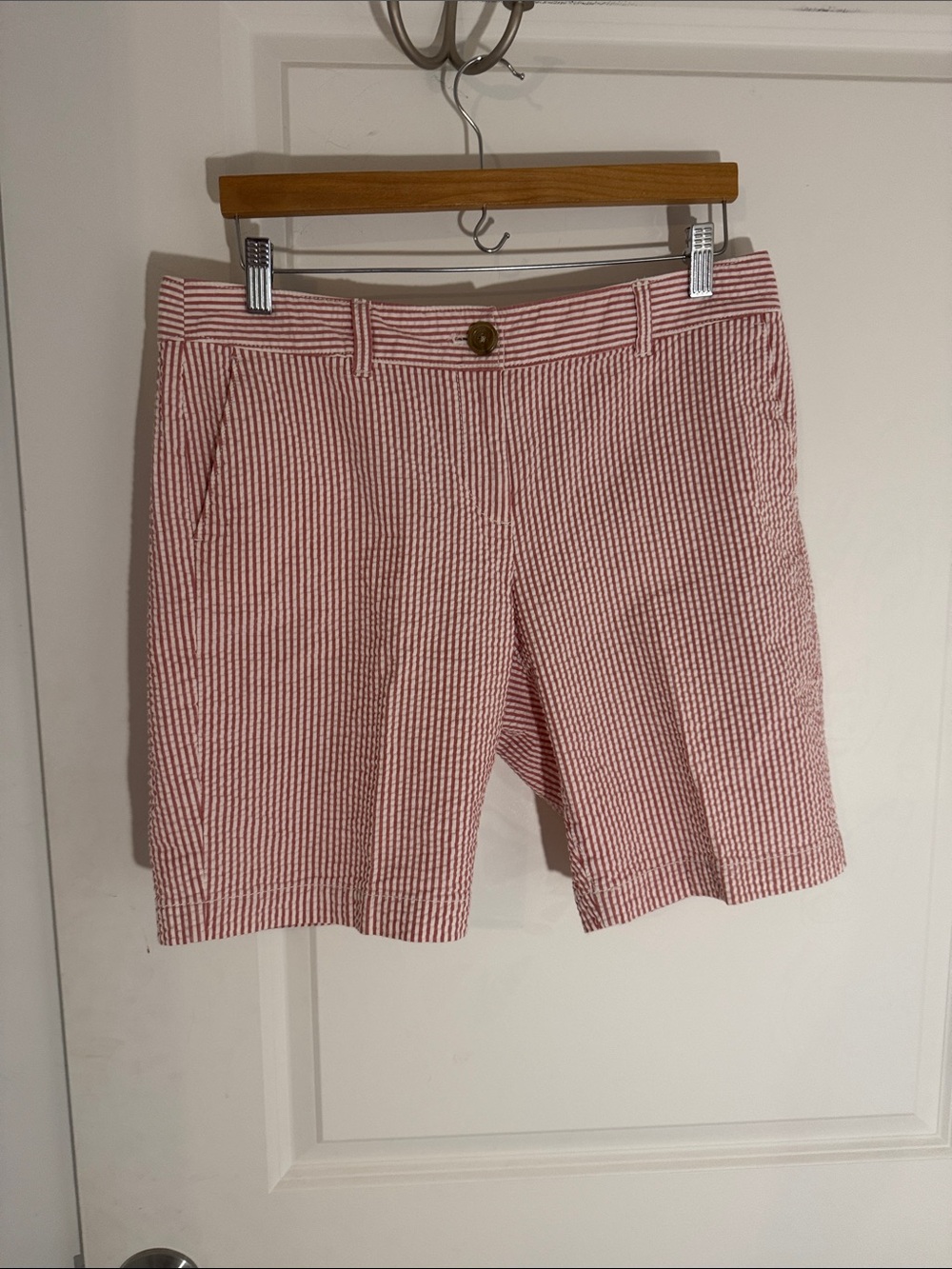 LOFT Red and White Striped Seersucker Bermuda Shorts